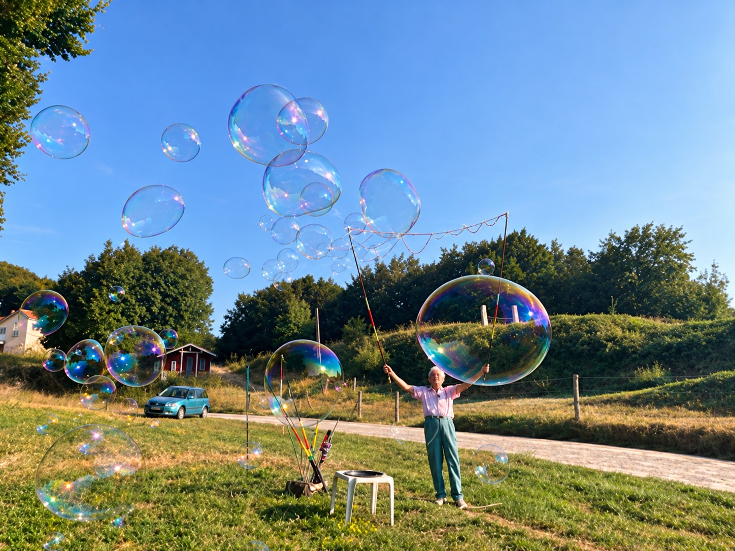 Ein Künstler im rosa Hemd und in türkisfarbener Hose lässt Seifenblasen in den blauen Himmel steigen.